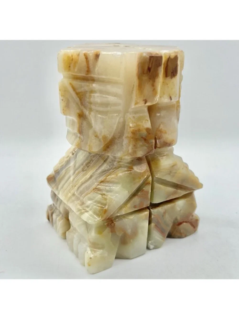 Vintage Onyx Stone Tiki Style Bookends Carved Banded Calcite Mid Century Pair